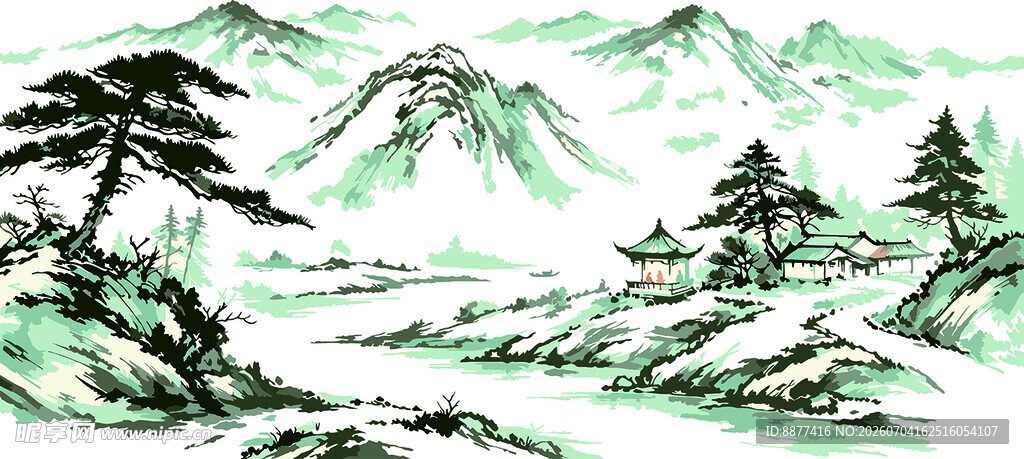 松间山水图国画矢量图