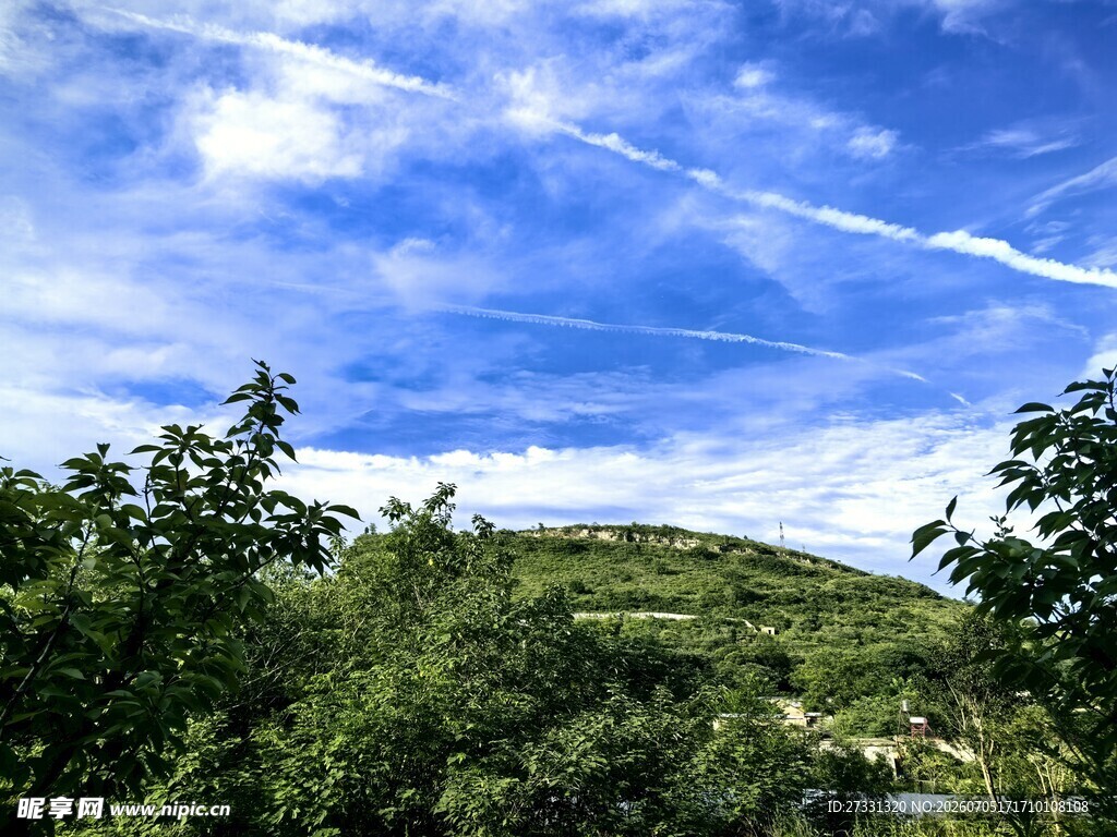 蓝天绿树间的自然风光