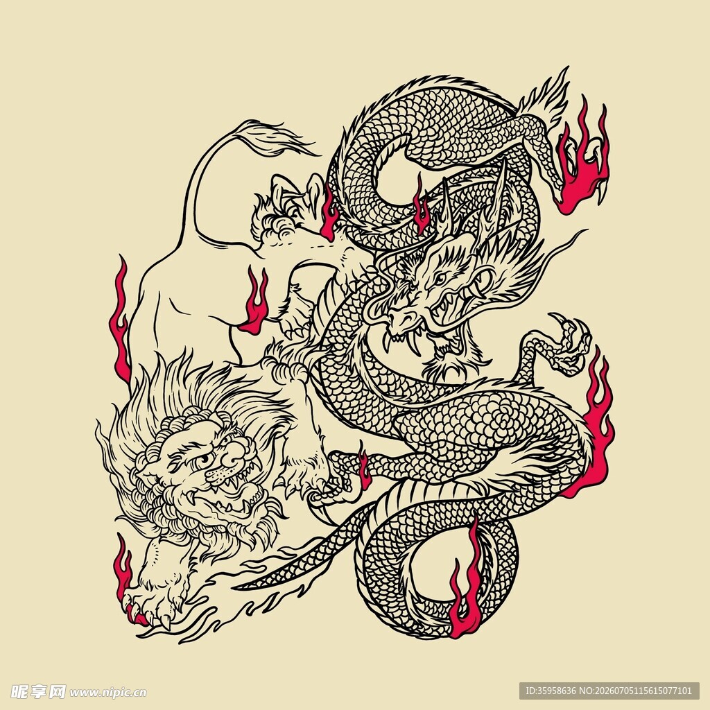龙狮国风插画