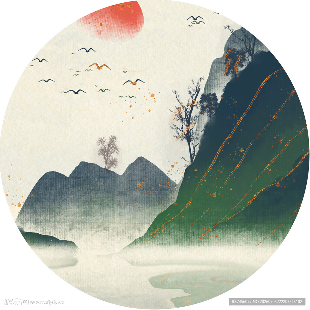 中式山水圆形意境画