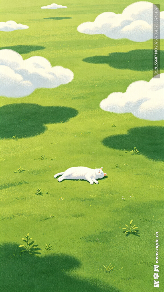 绿野上的白色猫咪