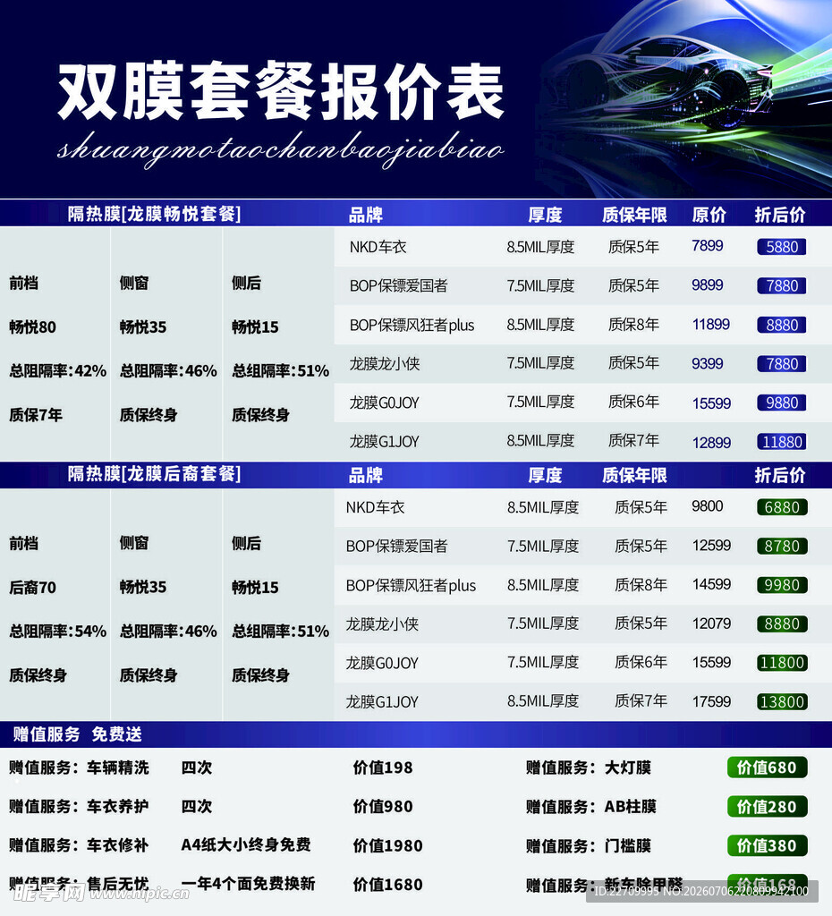 汽车双膜套餐报价表