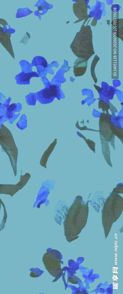 蓝色背景上的花卉与飞鸟图案