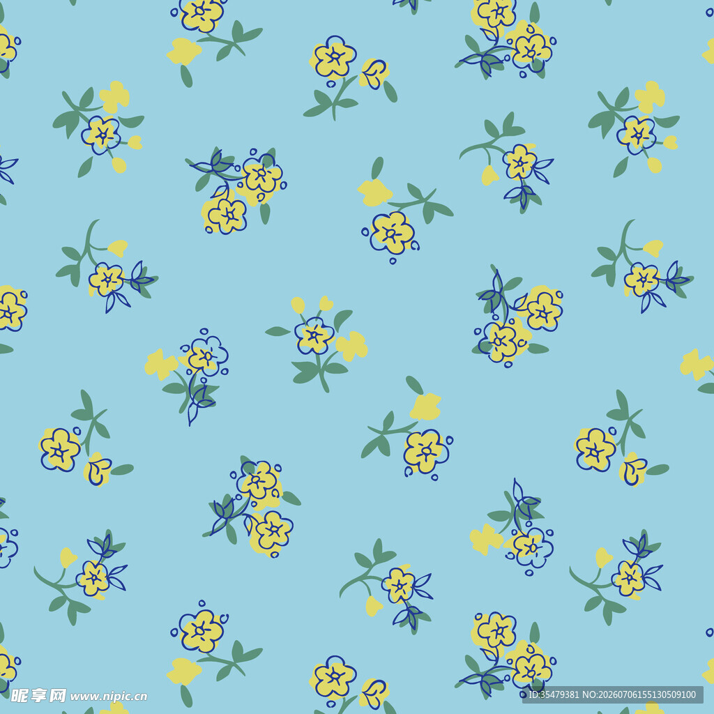 浅蓝色底小黄花花卉图案