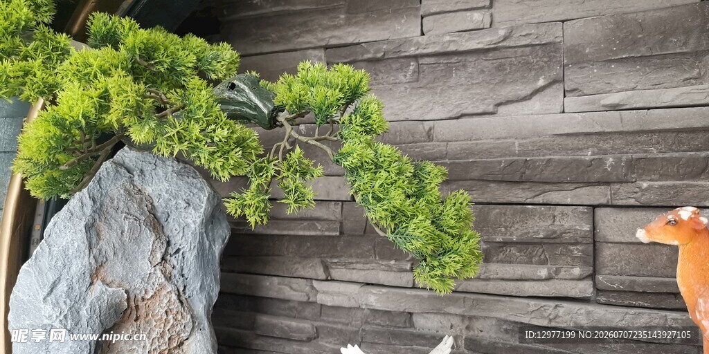 石边绿植与古朴木墙