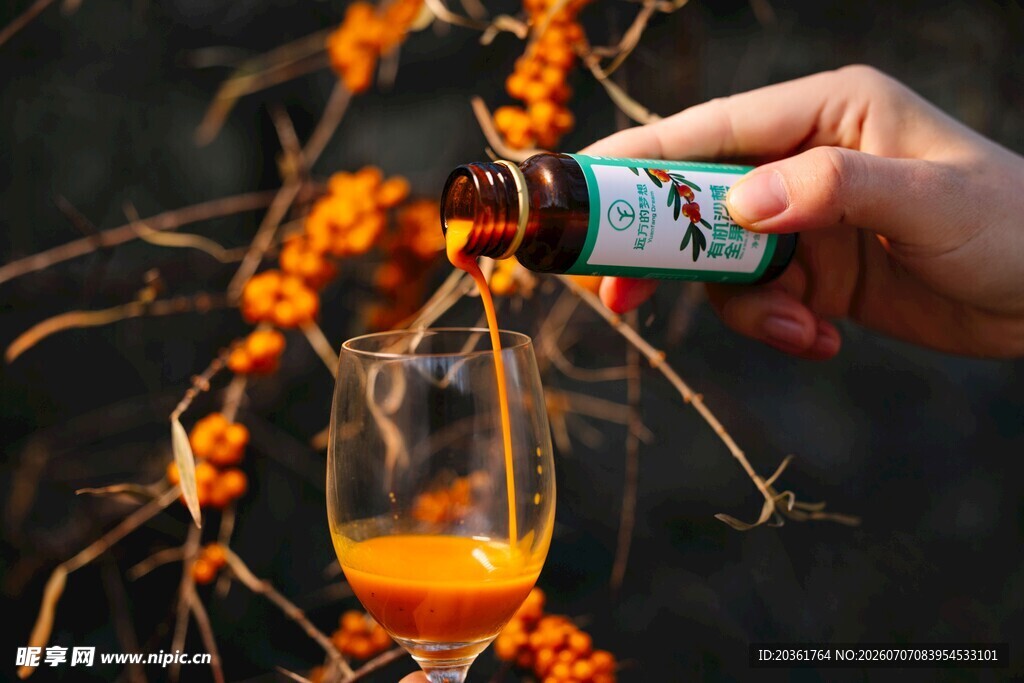 手斟沙棘汁入杯