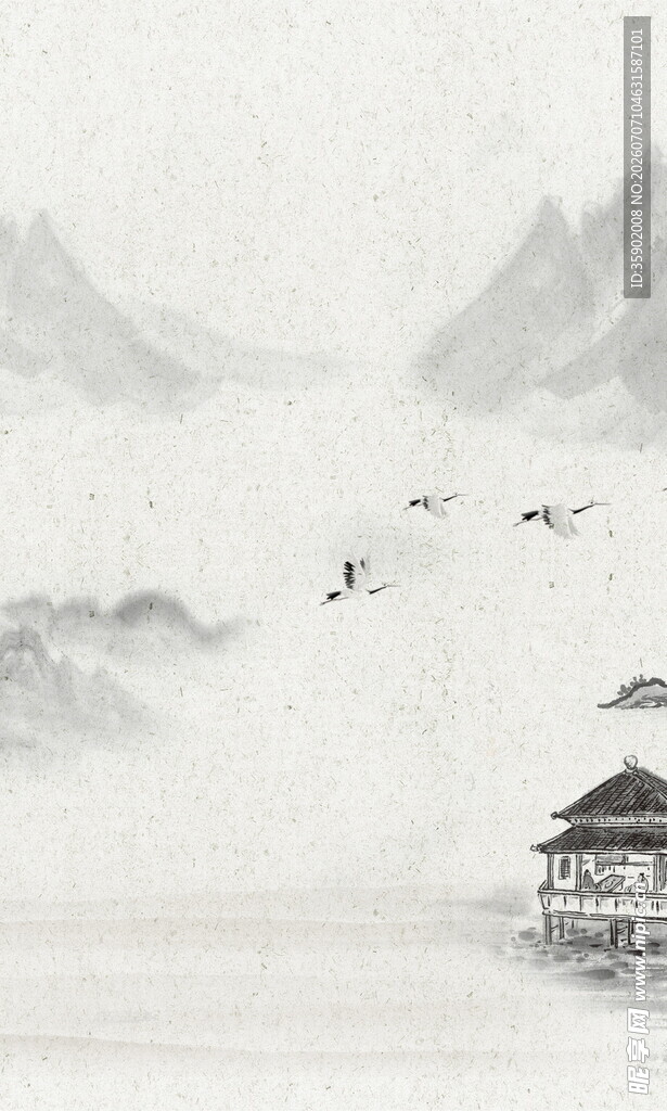 水墨山水间的孤亭飞鸟