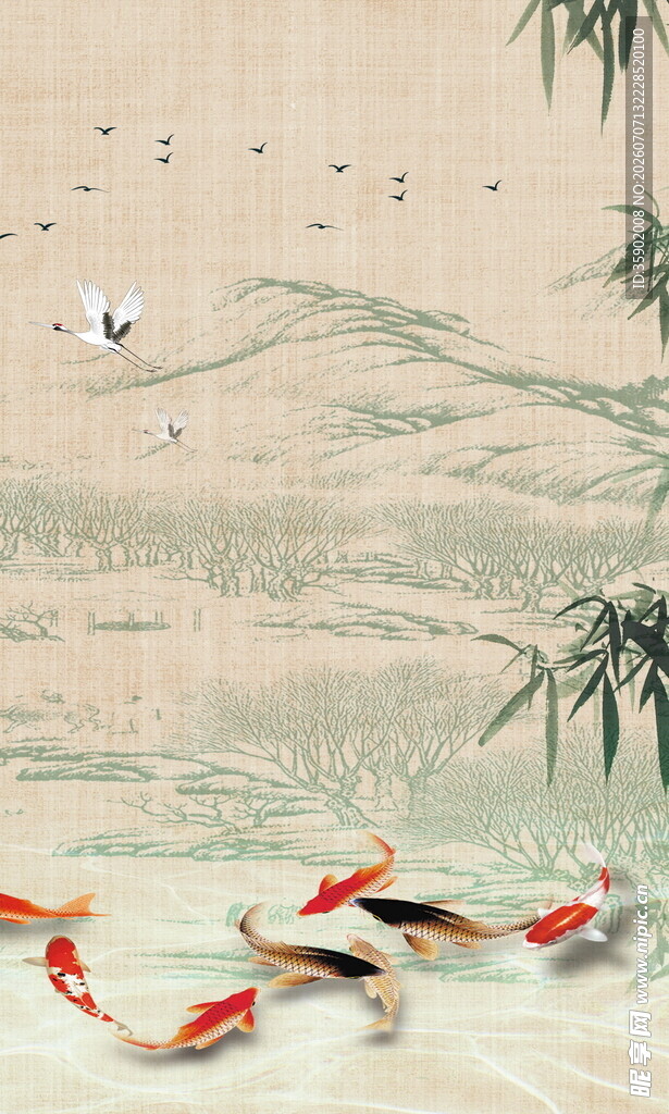 水墨锦鲤游于山水间