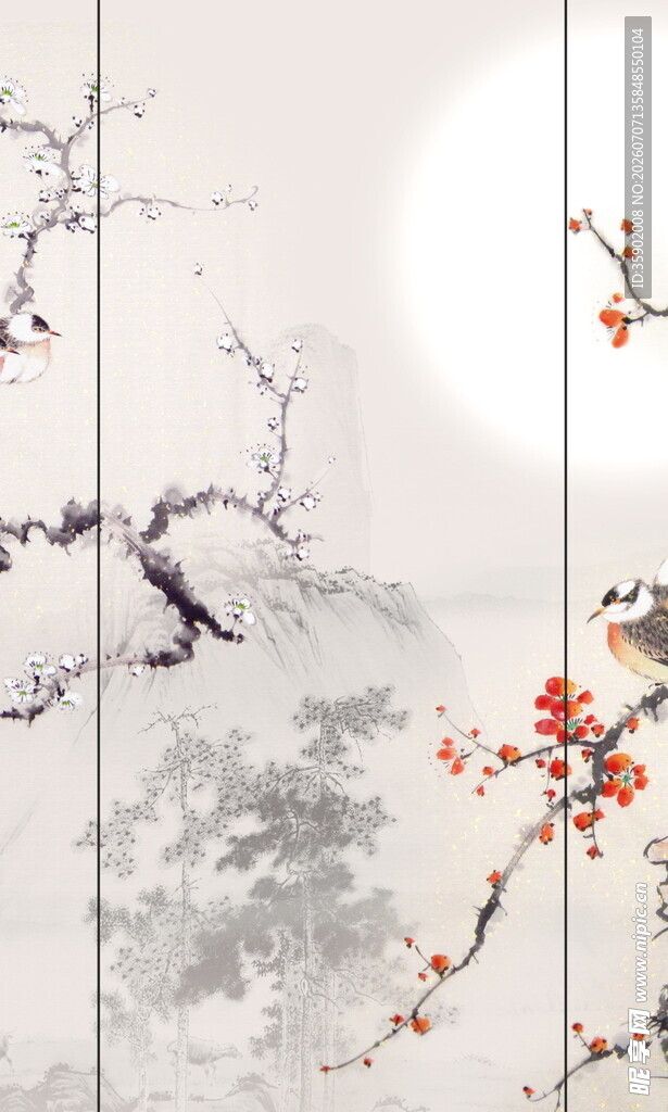 中式水墨梅花屏风画