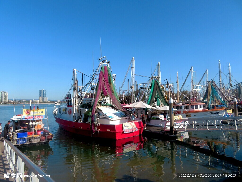 黄金海岸港口停泊的多彩渔船