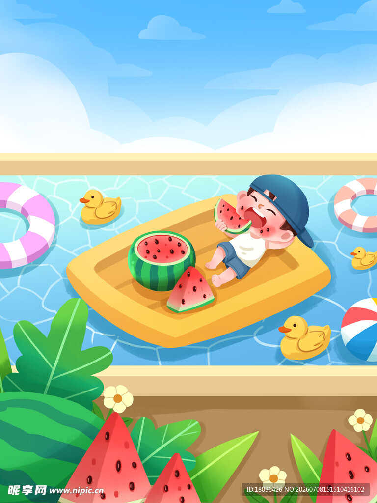 女孩泳池漂浮享夏日时光