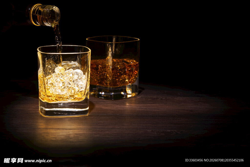 威士忌倒入加冰玻璃杯