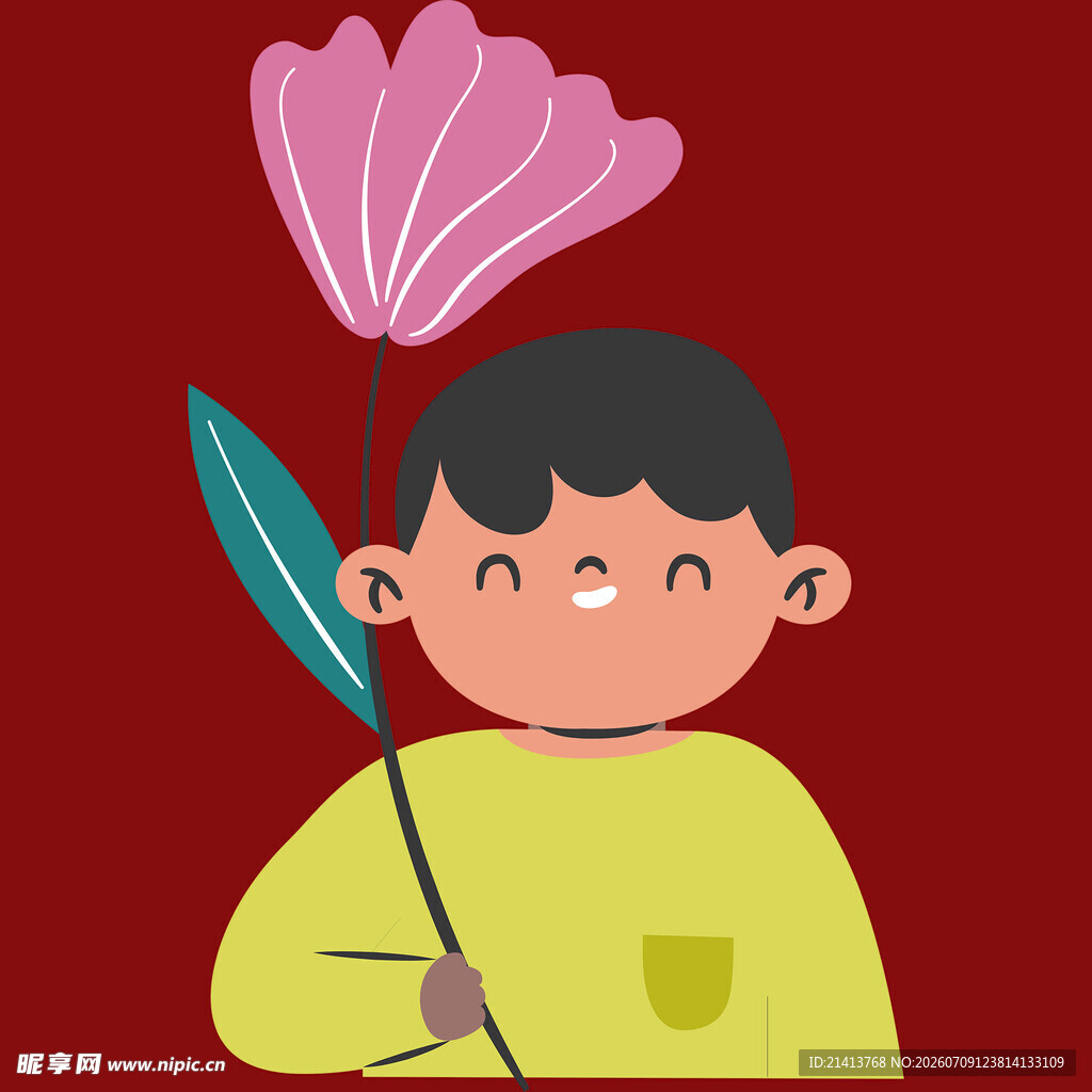 手持花与叶的可爱男孩