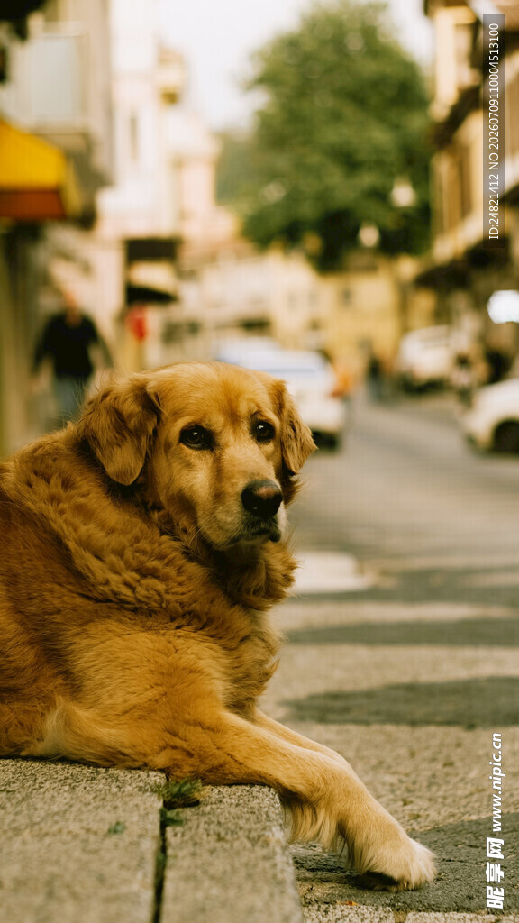 街头趴卧的金毛犬