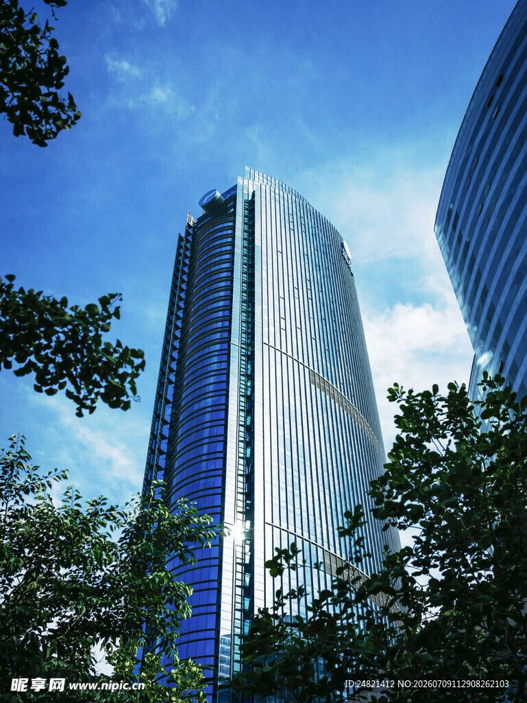 都市摩天大楼与绿树景观