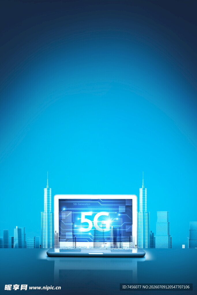 蓝色背景下的5G笔记本电脑