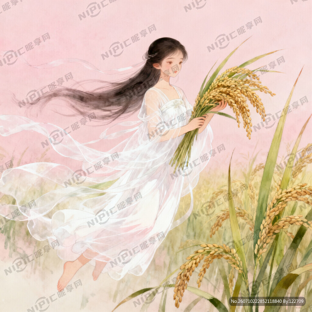 一个国风仙女 手捧水稻穗子