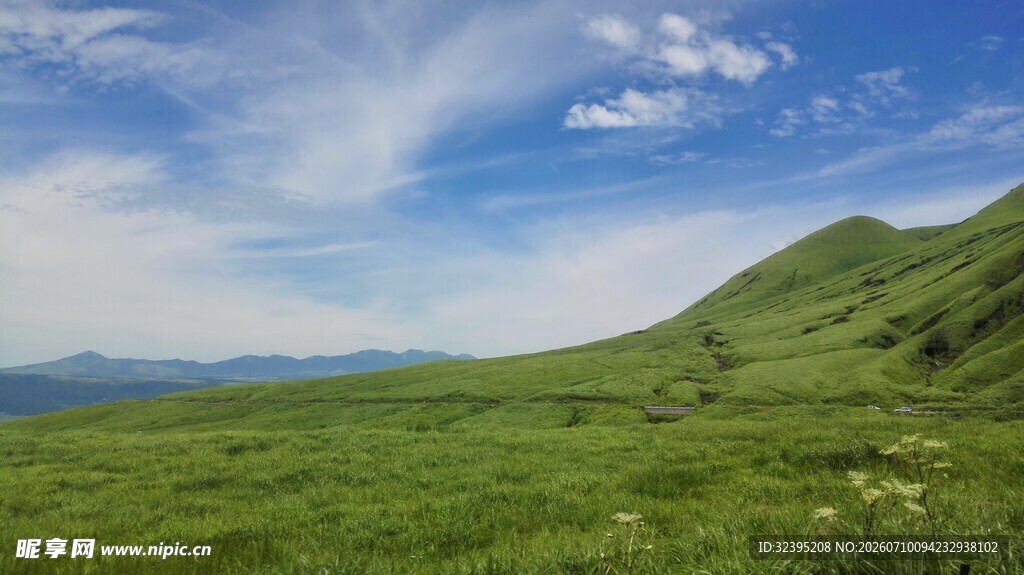 广袤绿野与蓝天白云美景