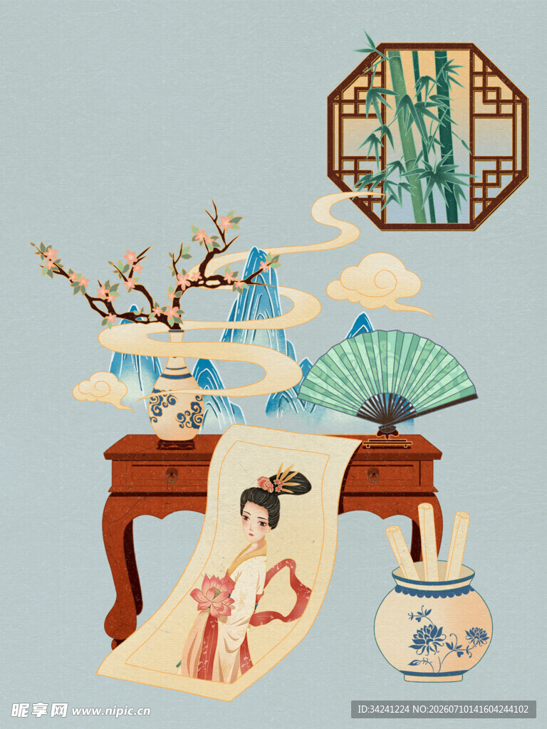 古风中式书房场景插画