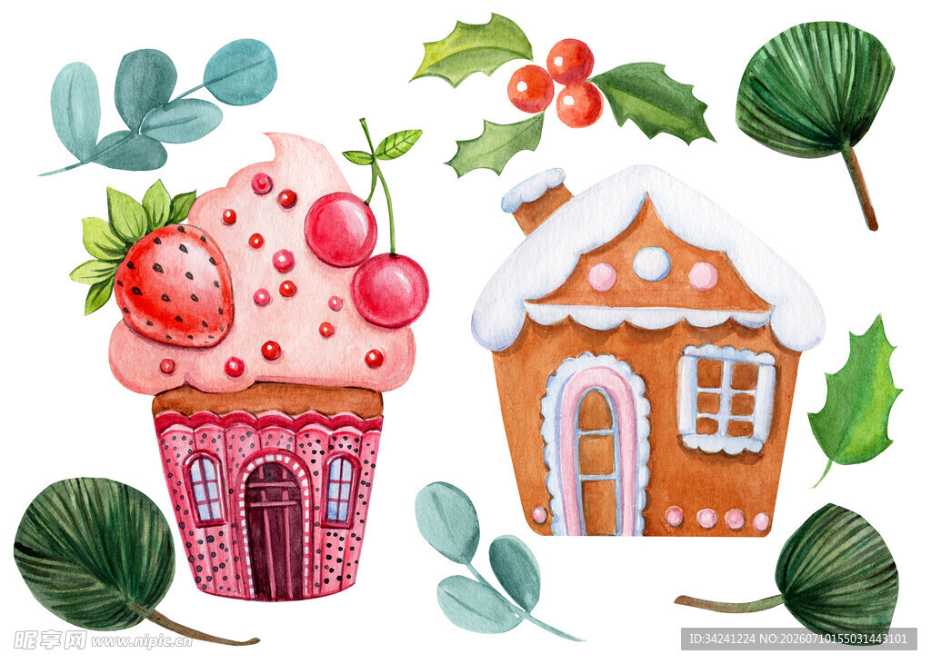 圣诞甜点与小屋插画
