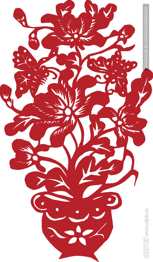 中式剪纸花瓶花卉图案