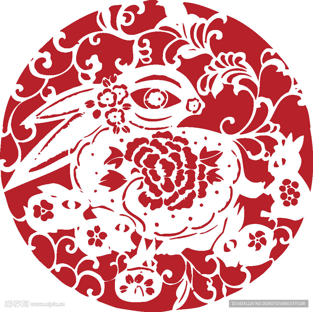 圆形兔花卉剪纸艺术图案