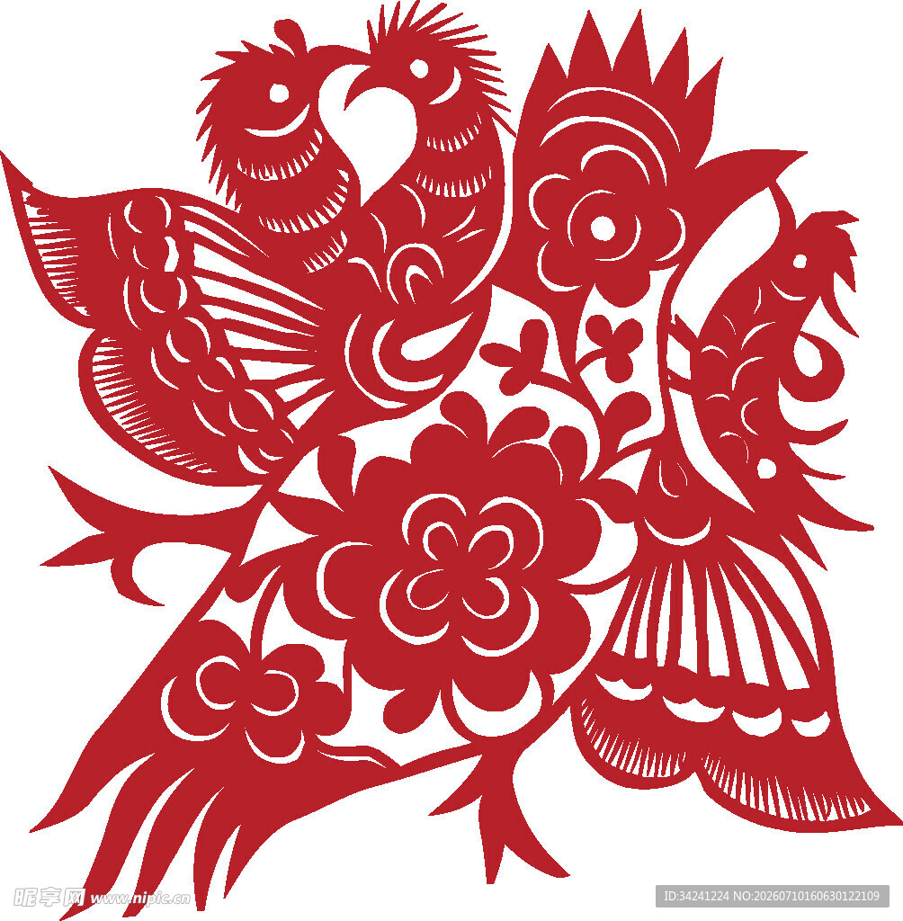 双凤戏花剪纸艺术作品