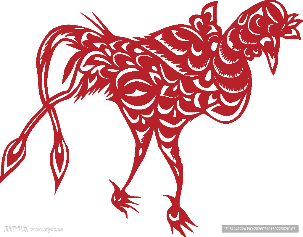 红色剪纸风公鸡图案