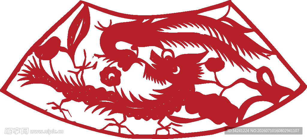 传统红色龙纹剪纸图案