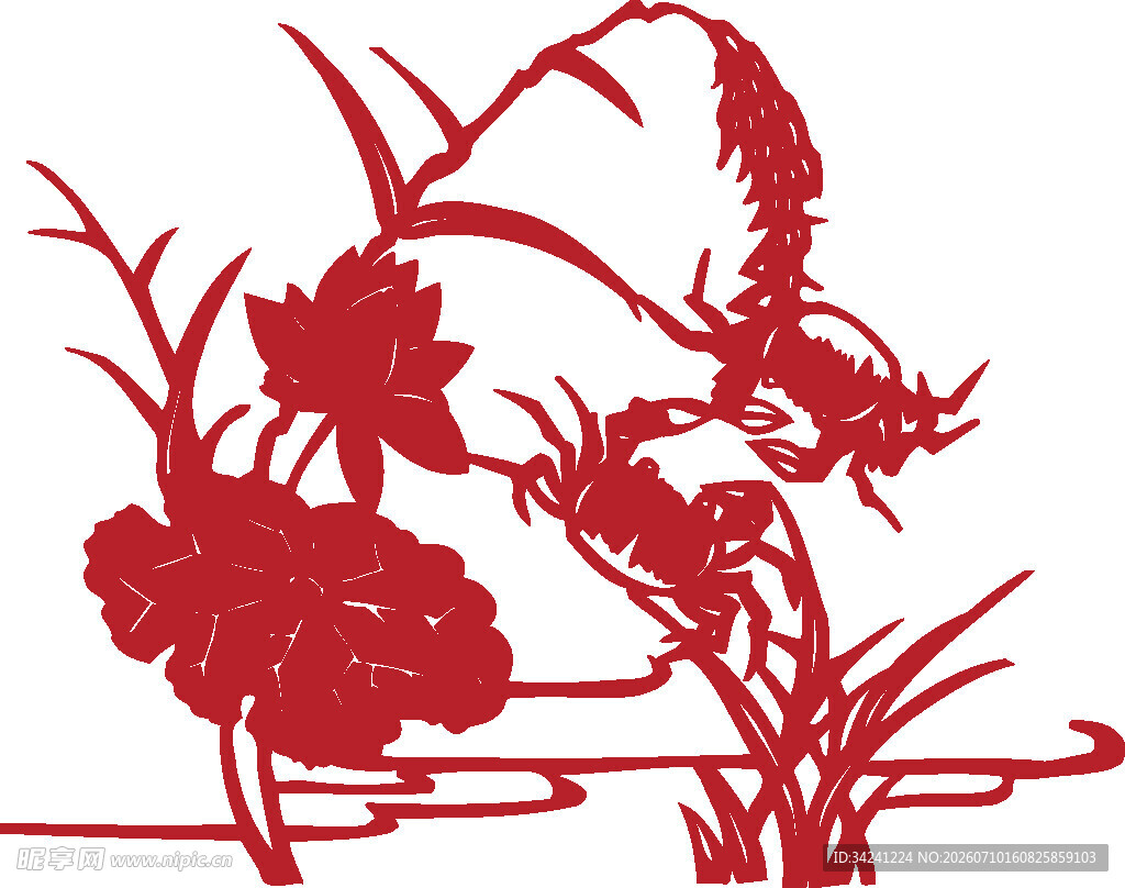 红色剪纸风荷花蜻蜓图