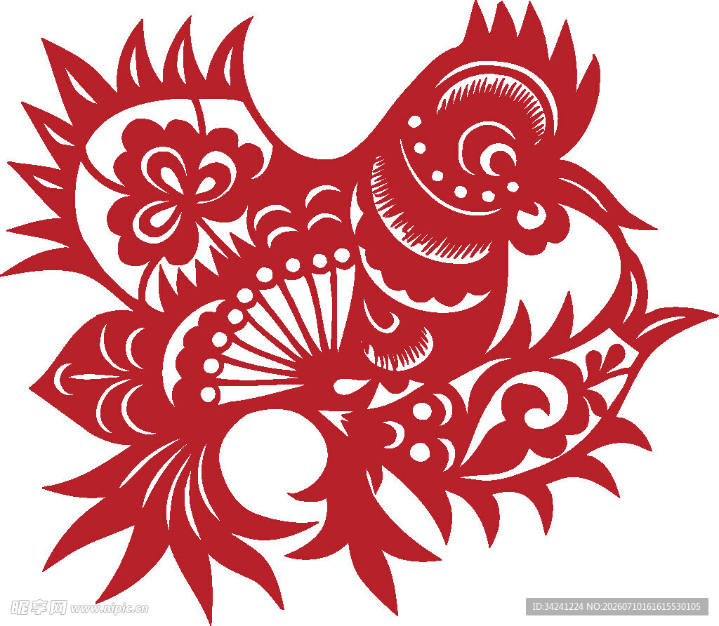 传统红色剪纸凤凰图案