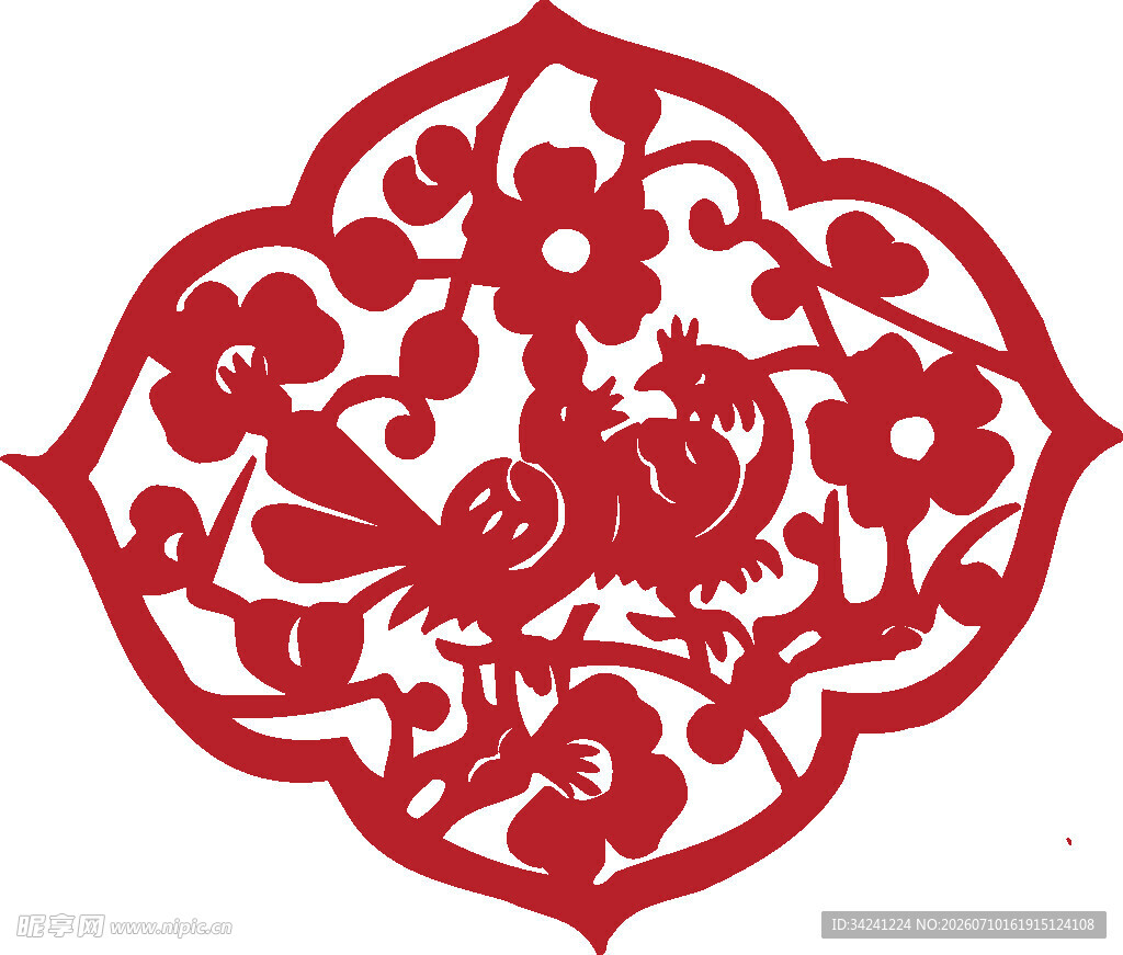 红色剪纸花鸟图案