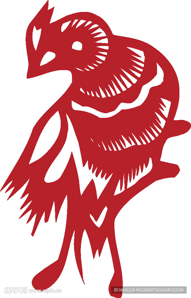 红色剪纸风站立小鸟图案