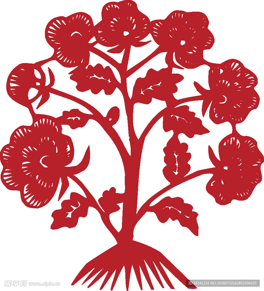 红色剪纸风花卉图案