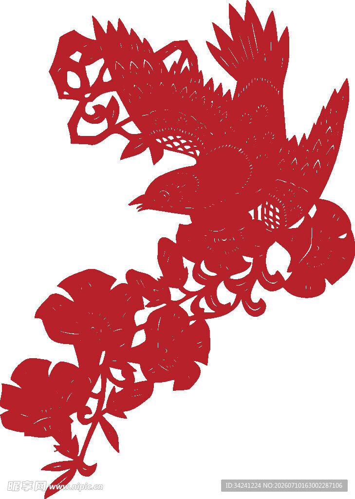 红色剪纸凤凰与花卉图案
