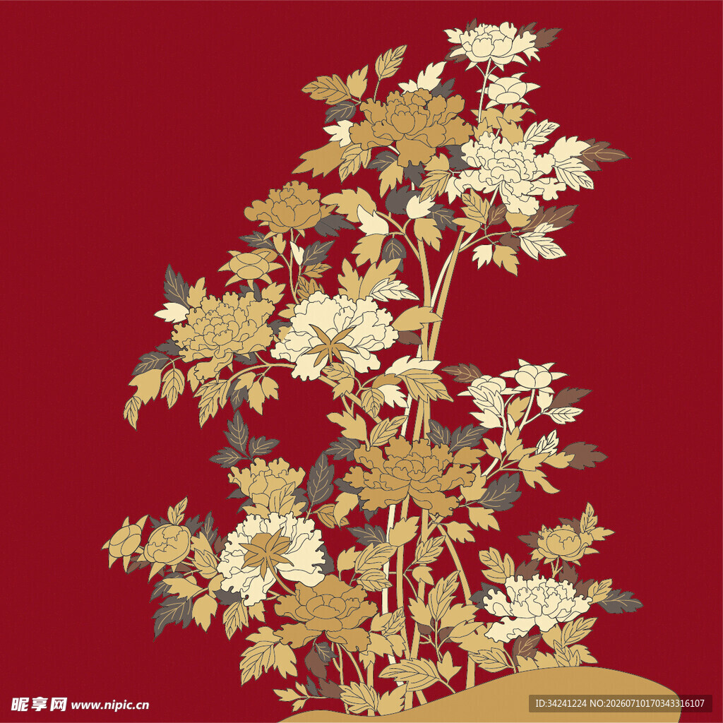 中式红底花卉图案装饰画