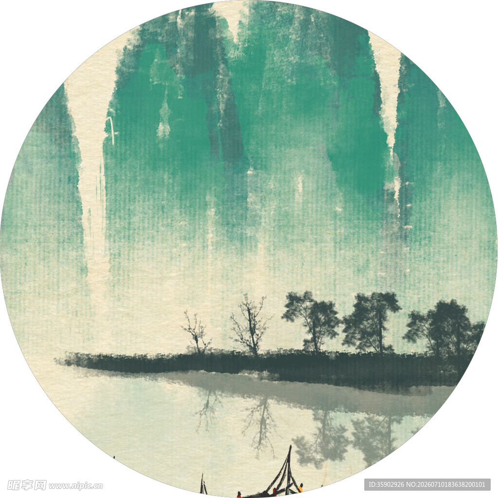 水墨山水圆形画作意境美