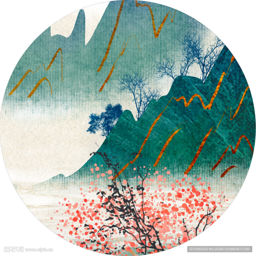 圆形山水花鸟中式水墨画
