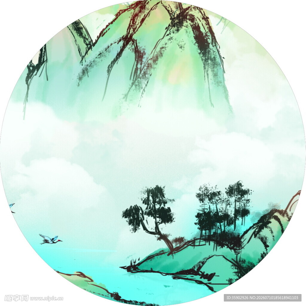 水墨山水圆形写意画