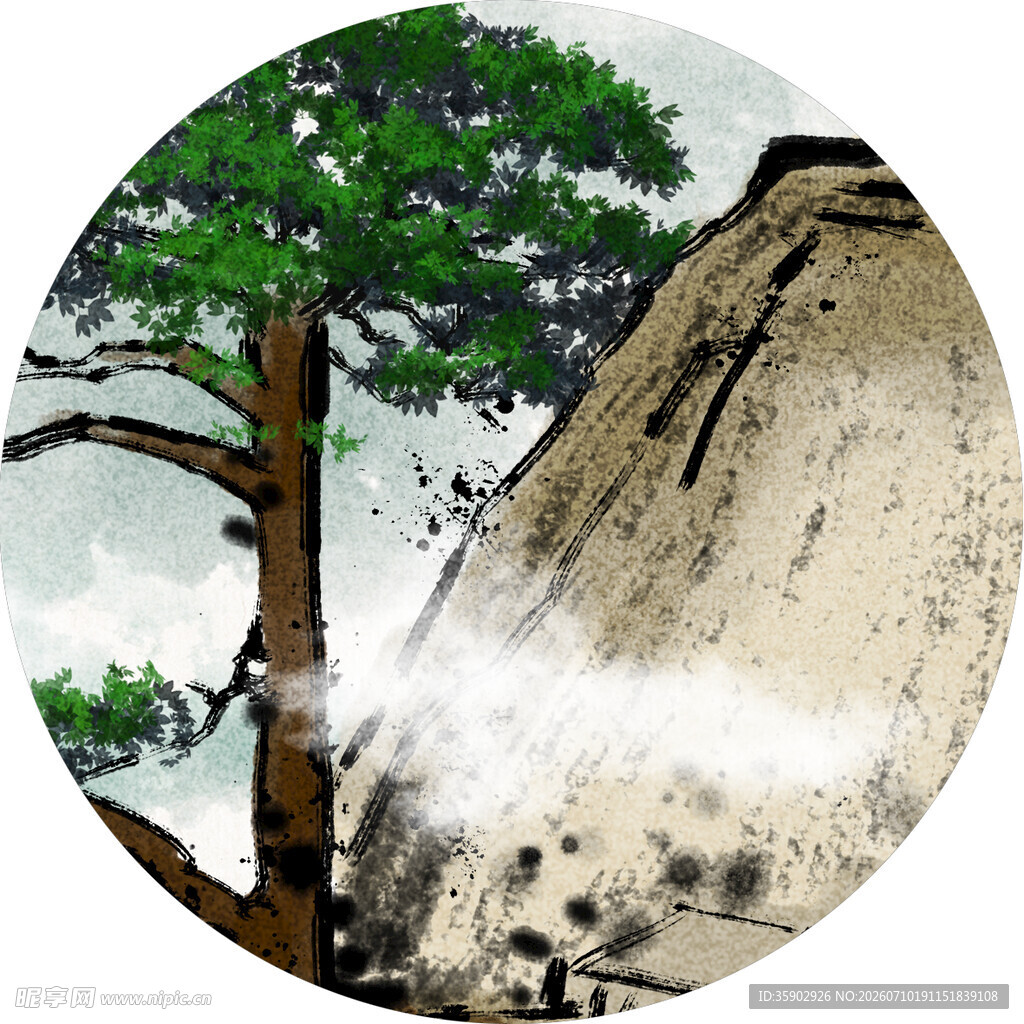 水墨松树傍石图