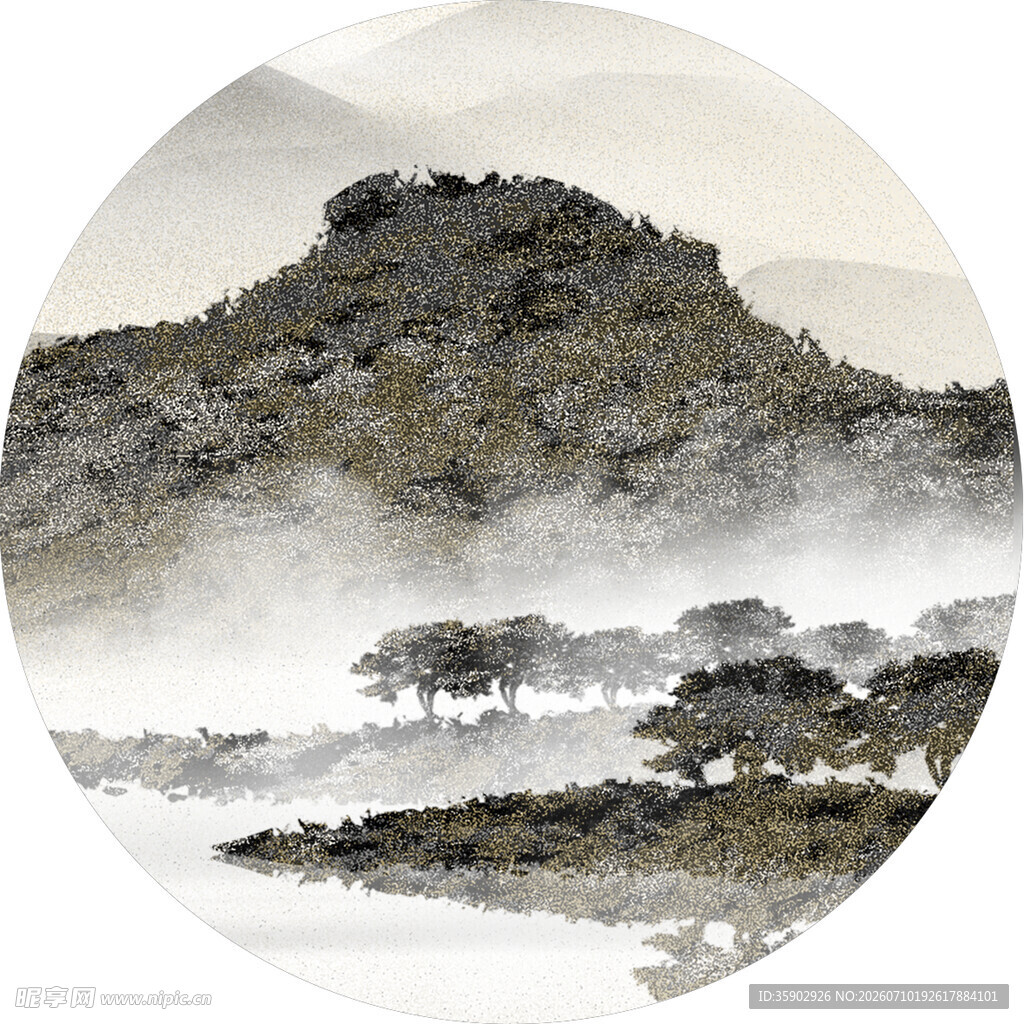 水墨山水圆形意境图
