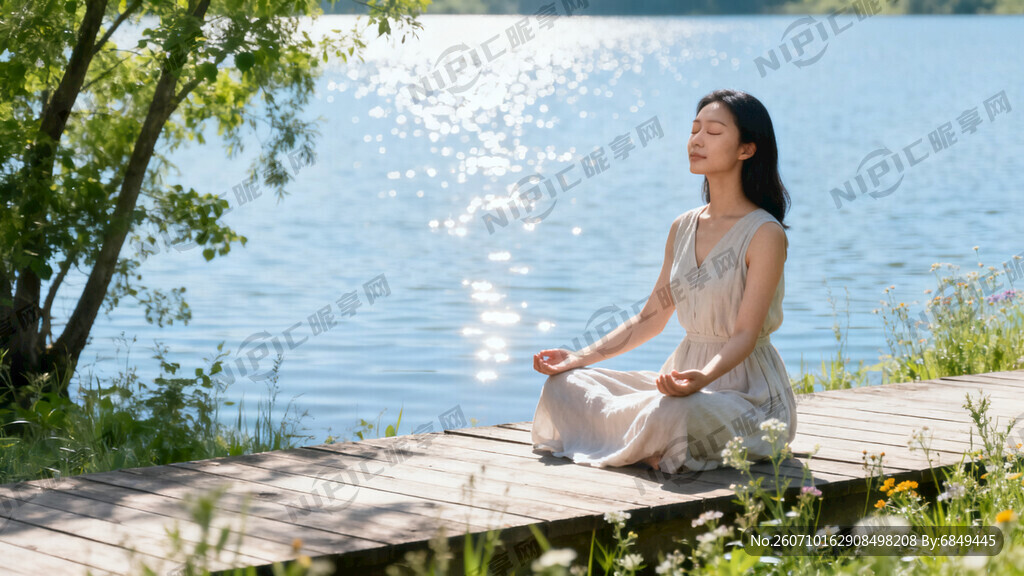 大自然湖边优雅女性静心疗愈视频