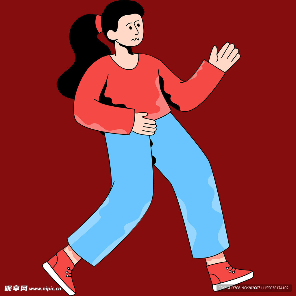 红衣女孩欢快迈步