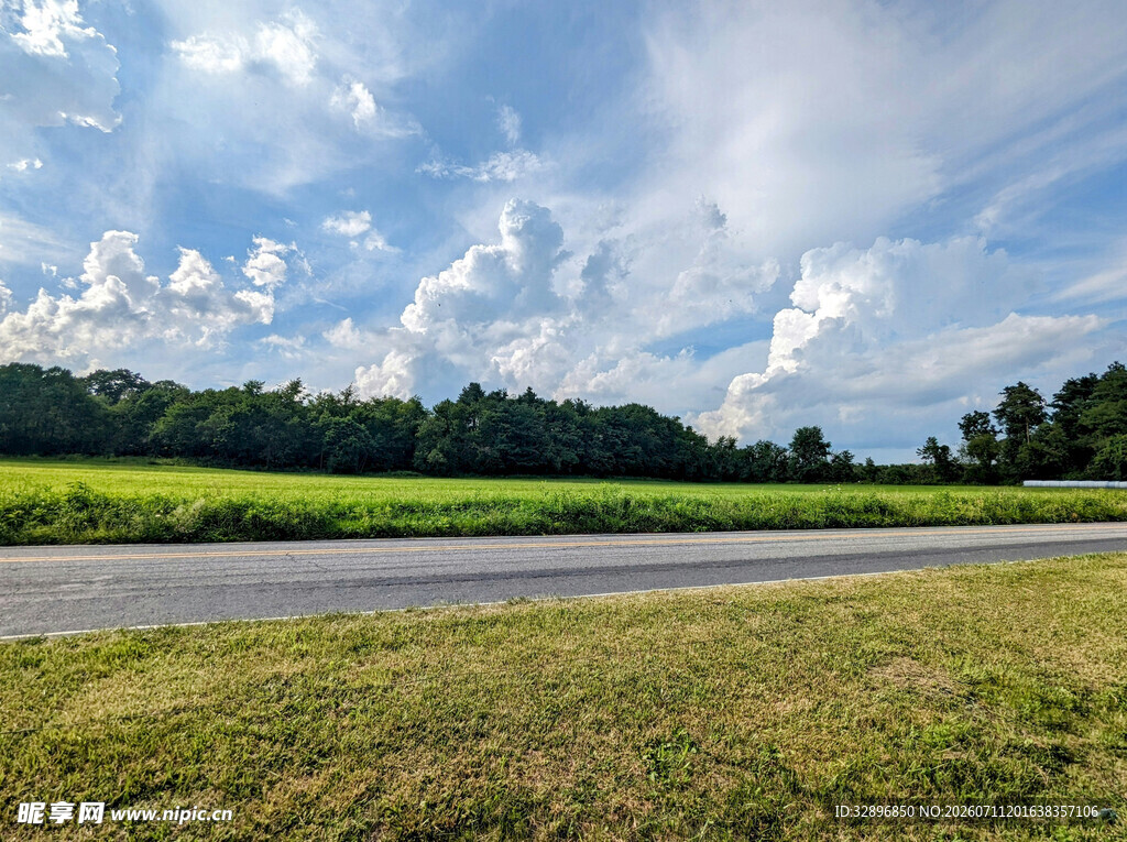 乡村公路边的开阔田园风光