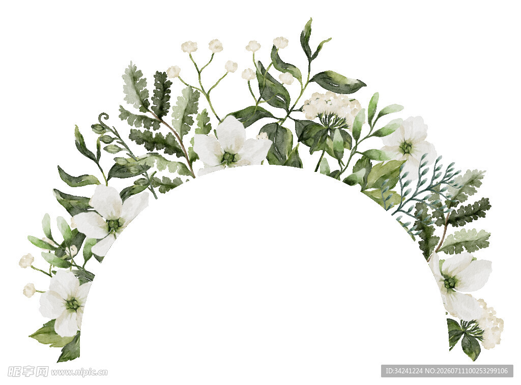 白色花卉绿叶装饰花环