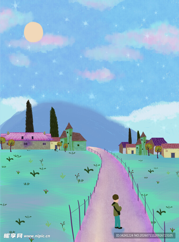 乡村小路漫步的温馨场景