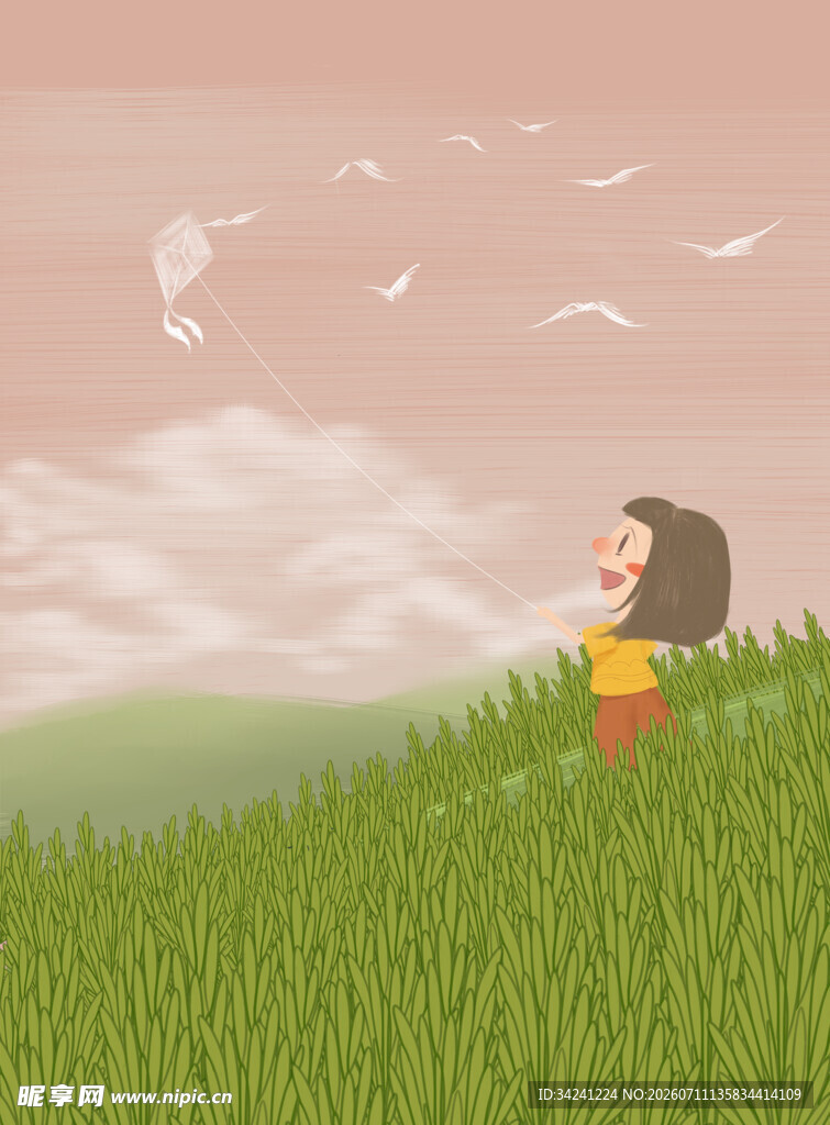 女孩于草地仰望飞翔纸飞机