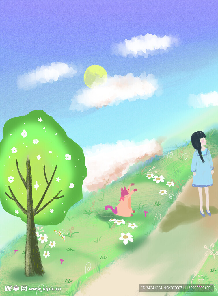 女孩漫步于春日绿地