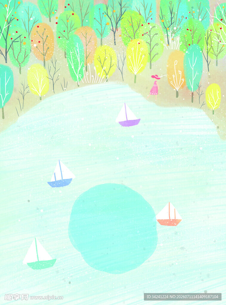 夏日河畔小船风景图