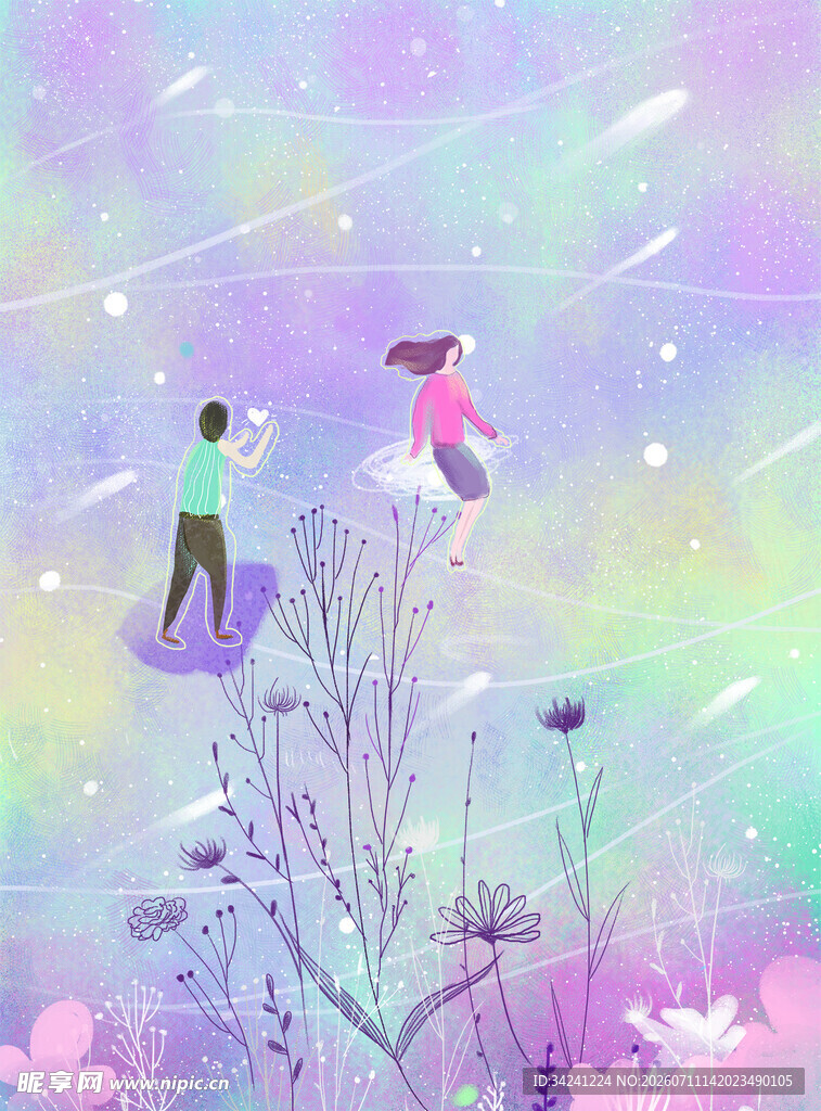 梦幻雪景中情侣浪漫漫步